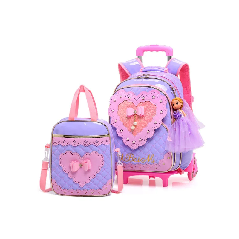Детские школьные сумки для девочек с рисунком сердца на колесиках 3 колесами