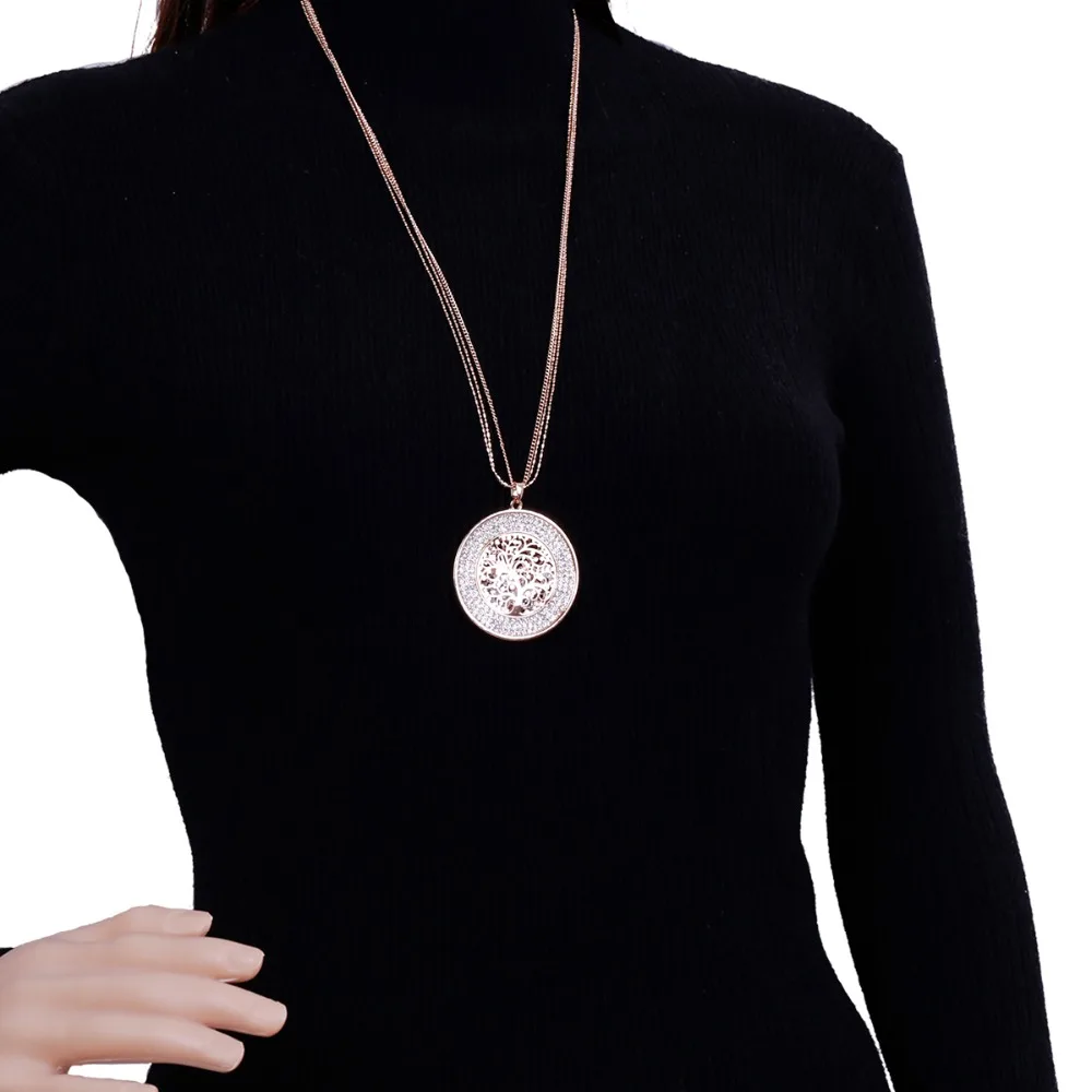 Hollow Inside Crystal Round Tree of life Necklaces& Pendants Long Sweater Chains Crystal Necklace For Women Statement Jewelry
