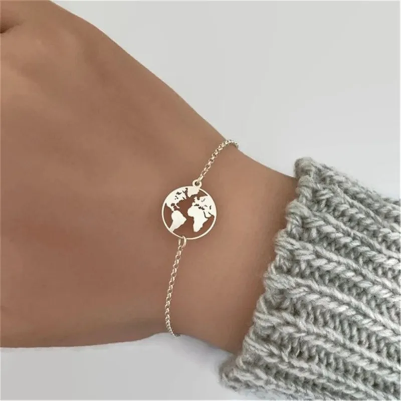 

World Map Bracelets For Women Travel Jewellery Rose Gold Chain Friendship Sister Gifts Globe Bracelet Femme BFF