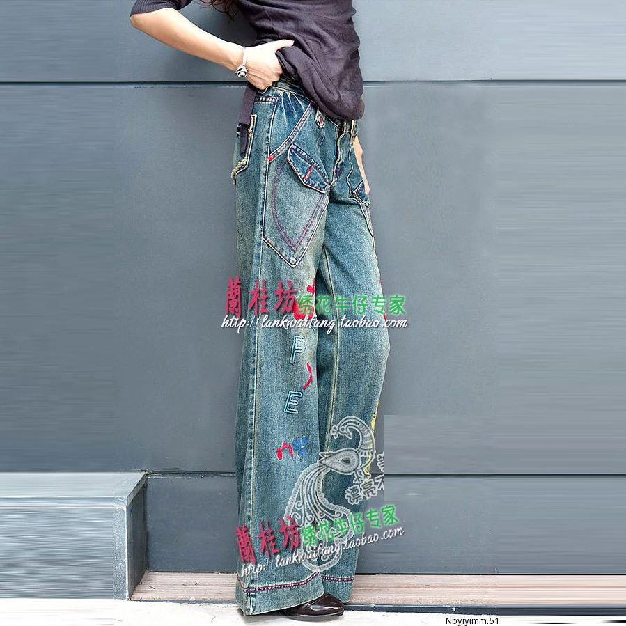 2018 осенние модные винтажные джинсы с вышивкой в стиле ретро джинсовые ковбойские