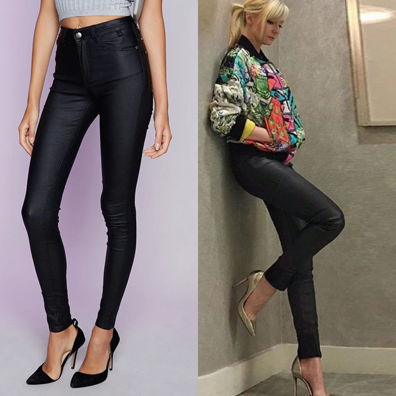 

Women High Waist Stretch Pu Leather Pants Skin Tight Motorcycle Punk Rock Pencil Trousers Female Moto Biker Plus Size Big XS