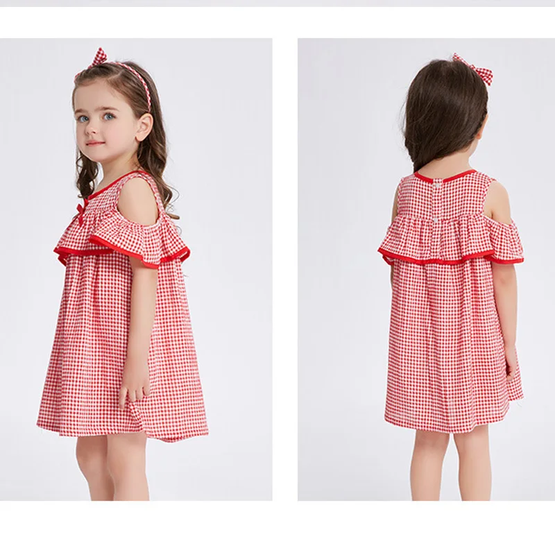 2018 New Summer Girls Print Plaid Dress Princess Perform Lovely Bare shoulder School Fashion Kid Clothes | Детская одежда и обувь