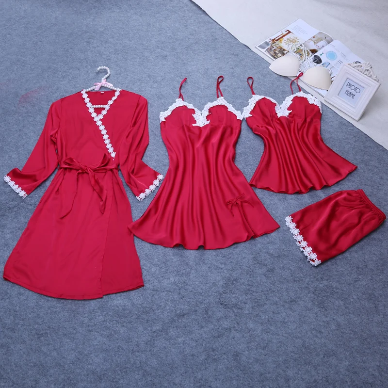 Модные женские халат набор 4 шт. + рубашки топ шорты шелковый атлас летний