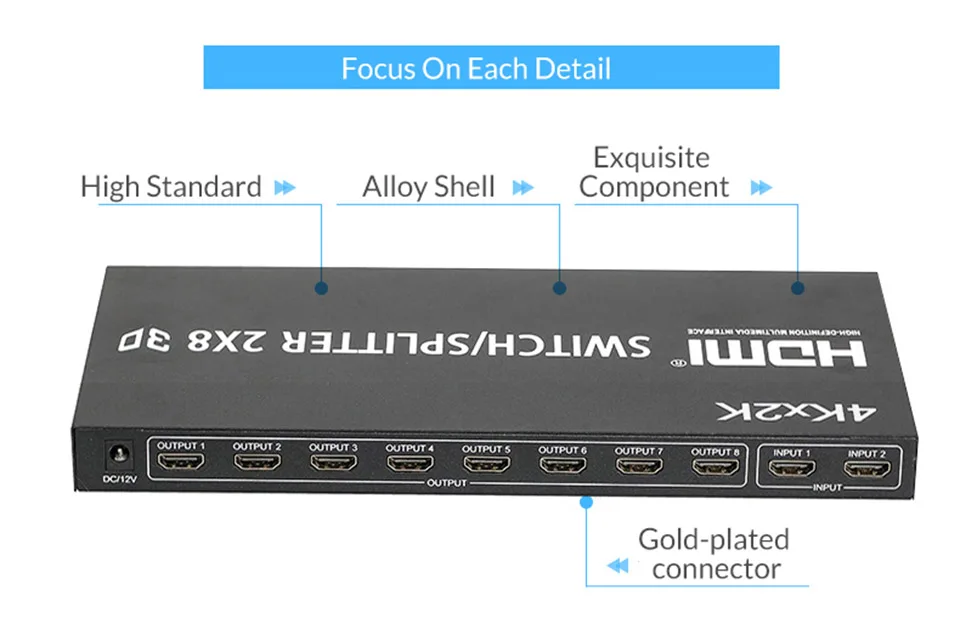 Unnlink HDMI сплиттер/коммутатор 2X8 UHD 4 k@ 30Hz HDMI 2 входа 8 выход для Smart Светодиодный tv MI Box3 ps4 проектор монитор компьютера