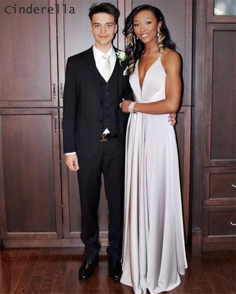 

Шелковые атласные платья Золушки длиной до пола на тонких бретельках с V-образным вырезом, серебристые Вечерние платья на молнии сзади для в...