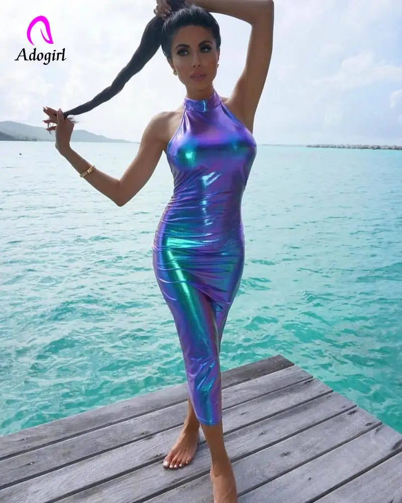 Яркая ПУ кожа Bodycon миди платье женское сексуальное Холтер без Рукавов