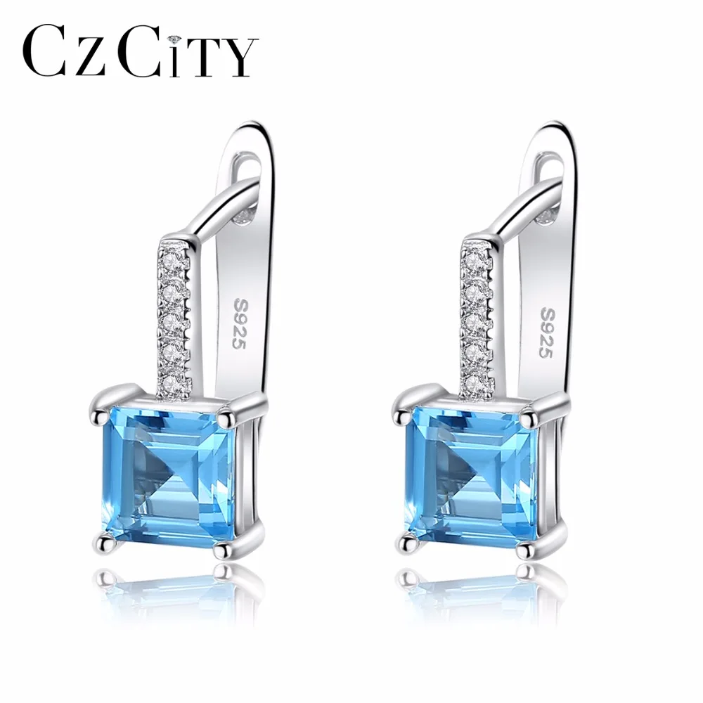

CZCITY Sky Blue Topaz Gemstone Stud Earrings for Women Solid 925 Sterling Silver Fashion Wholesale Jewellery Wedding Gift SE9108