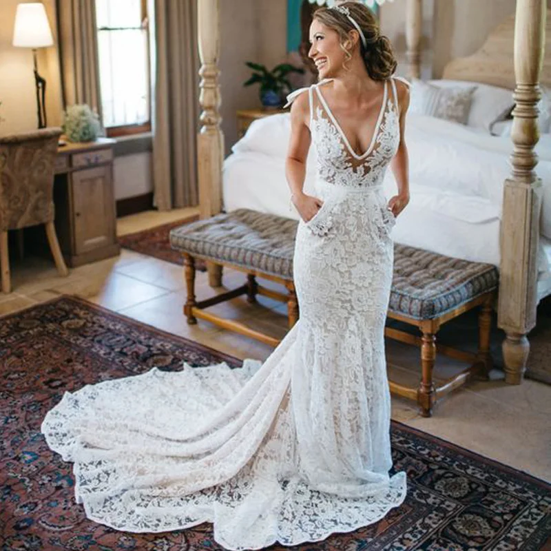 

LORIE Ivory Lace Mermaid Wedding Dress 2018 Robe de soiree Backless Sexy Bridal Dresses Plunging Spaghetti Straps Wedding Gown