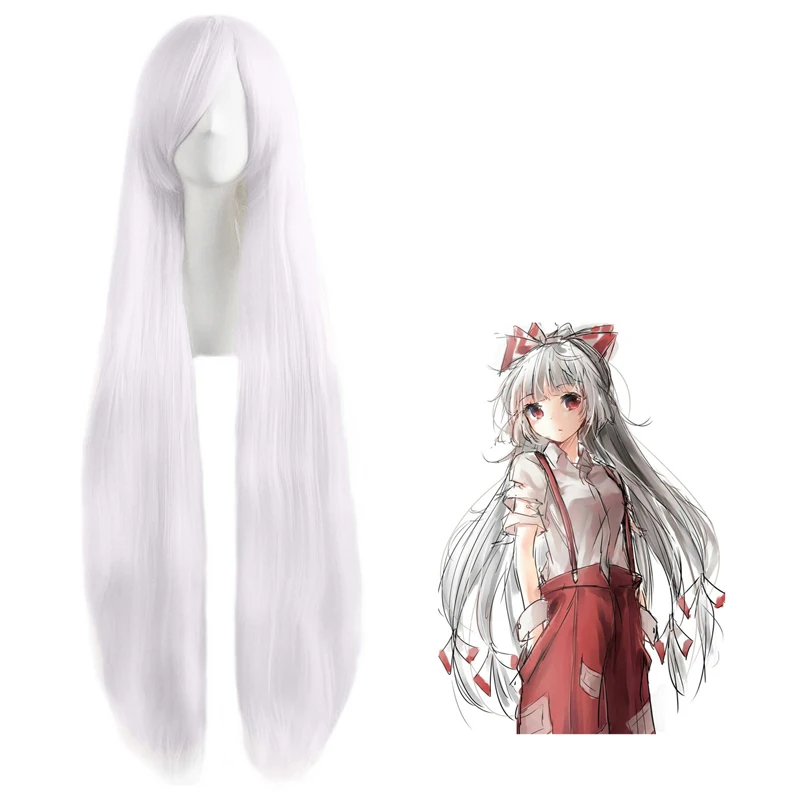Tou Hou Project Fujiwarano Mokou прямой 100 см Белый Аниме Костюм для косплея парик Длинные
