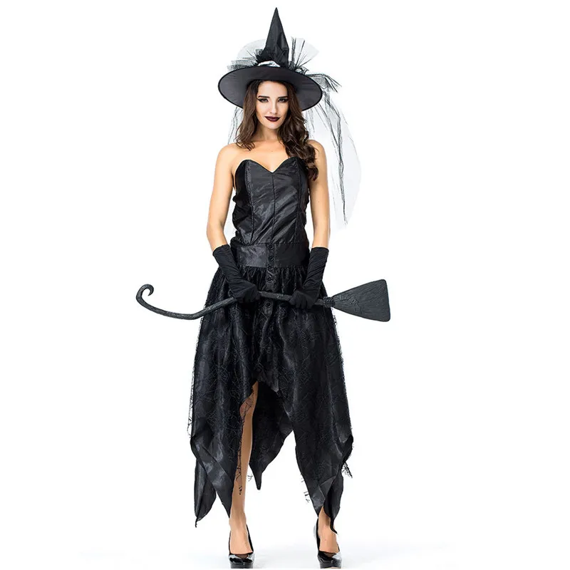 

Gothic Woman Black Witch Cosplay Female Halloween Sorceress Costumes Carnival Purim Parade Masquerade Nightclub Rave Party Dress
