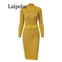 laipelar elegant yellow long sweater knitted dress women sash autumn winter dress 2019 casual stretch ladies dress