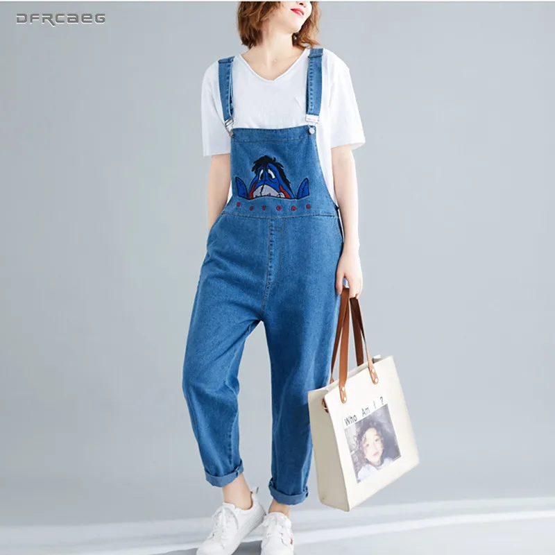 Женская Eeyore мультфильм вышитые джинсовые брюки комбинезоны весна свободные бретели джинсовый Ромпер Комбинезоны женские уличные