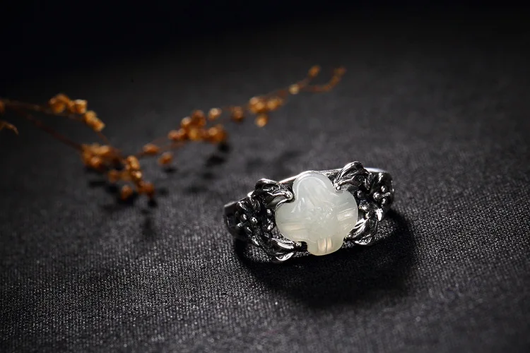 KJJEAXCMY boutique jewelry S925 Sterling Silver retro Thai silver natural Hetian jade white inlaid lotus flower lady openin | Украшения и