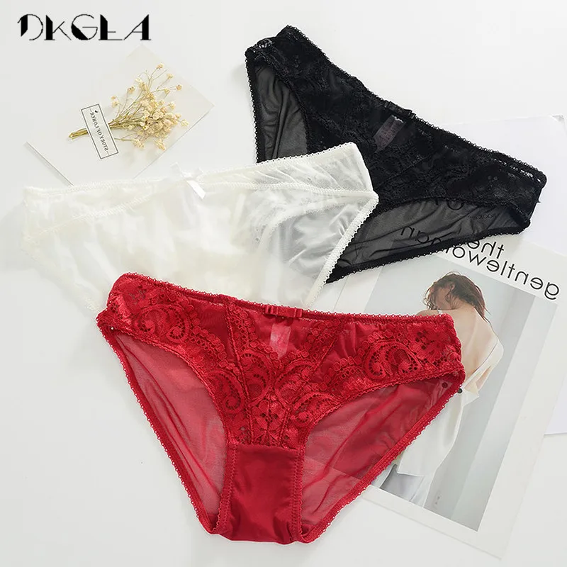 Red White Black Низкая посадка кружевные трусики 3 шт черный+ белый+ красный женское нижнее белье удобные прозрачные трусы размера плюс XL вышивка сексуальные трусики - Цвет: Red White Black
