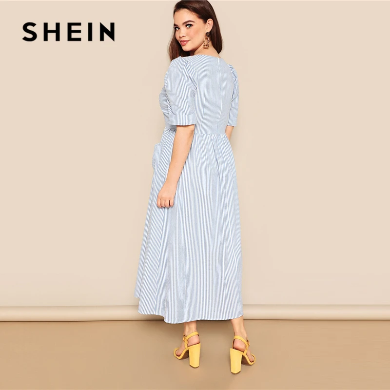SHEIN, платье размера плюс, синее, с карманом, с заплатками, на пуговицах, в полоску, с карманом,, женское летнее повседневное Цельнокройное расклешенное платье с квадратным вырезом