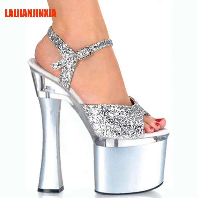 Shining Silver 18CM Sexy Super High Heel Sandals Platforms Pole Dance/Performance/Star/Model Shoes, Wedding Dance Shoes