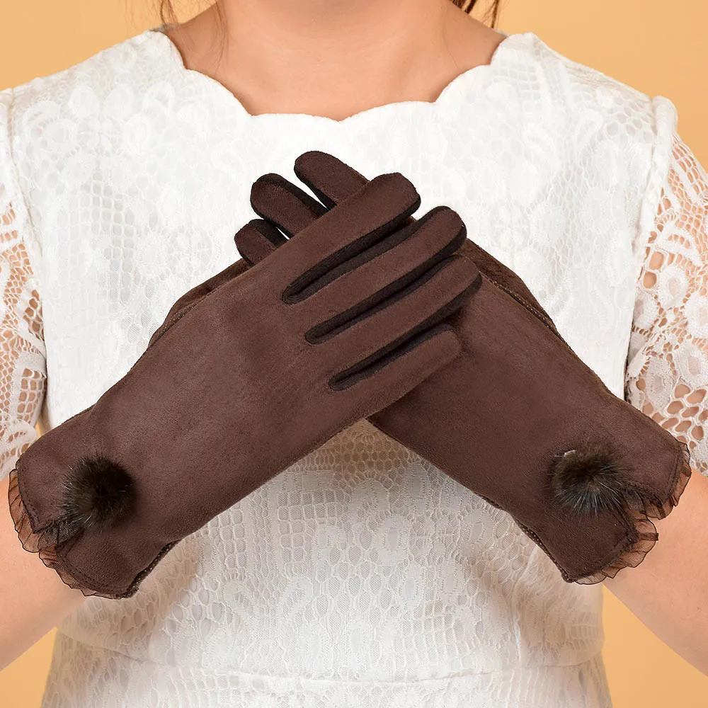Women Warm Winter Glove Soft Faux Suede Thick Mitten Full Finger Glovees Lovely Plush Ball Lace Mittens Guantes Mujer@py