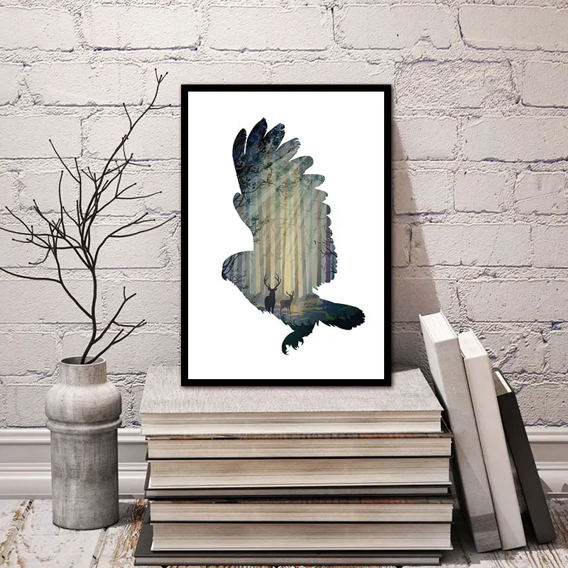 Силуэт летающей Совы с сосновым лесом холст Художественная печать постер