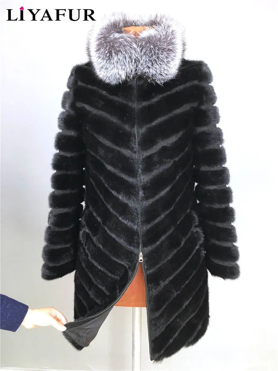 

LIYAFUR Real Mink Fur Coat for Women Natural Genuine Russian Fur Coats Luxury Black Color Customized Size with Fox Fur Collar
