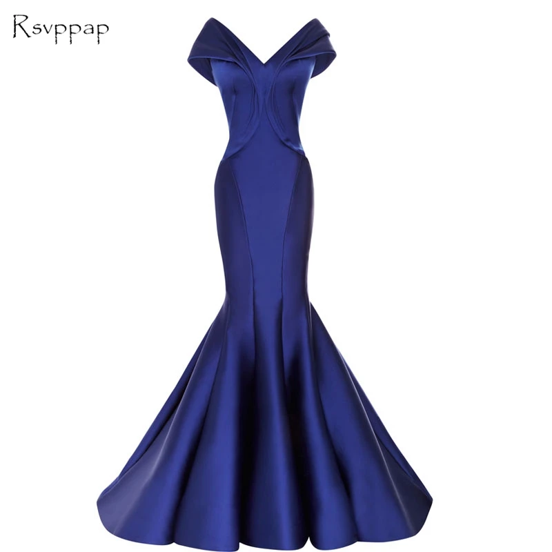 

Long Prom Dress 2021 Sexy Mermaid Cap Sleeve V-neck Pleat African Floor Length Custom Made Satin Royal Blue Prom Dresses