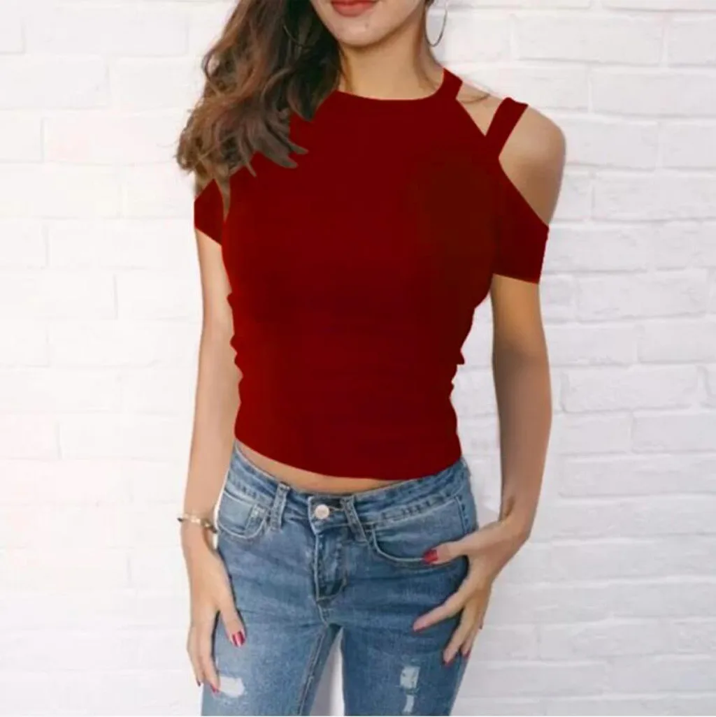 

Summer European and American 2 Women Cotton Short Sleeve Strappy Cold Shoulder T-Shirt Tops Solid Tops for Women Tees Female