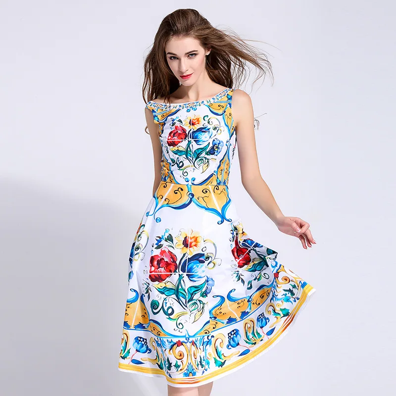 Летнее модное Брендовое женское платье с цветочным принтом фарфоровой плитки