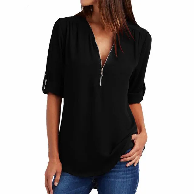 2018 New Shirts Spring Summer Fashion Women Tops Casual Street Half Sleeve V-Neck Blouse Loose Plus Size Zipper Chiffon |