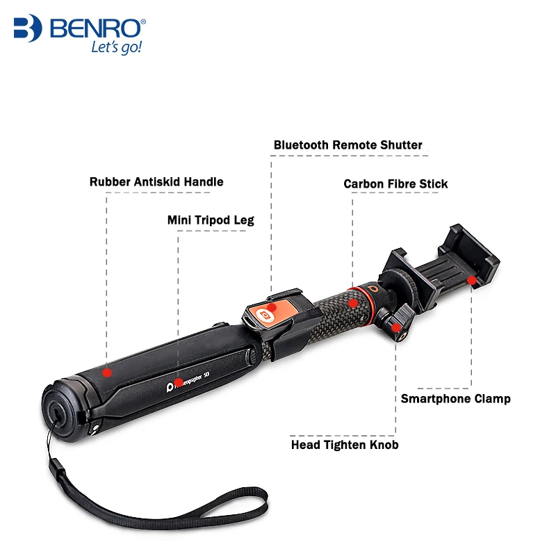 BENRO SC1 беспроводной Bluetooth из углеродного волокна гибкий монопод для селфи Настольный Штатив для iphone X экшн-Камера Gopro Sumsang pk smoo4