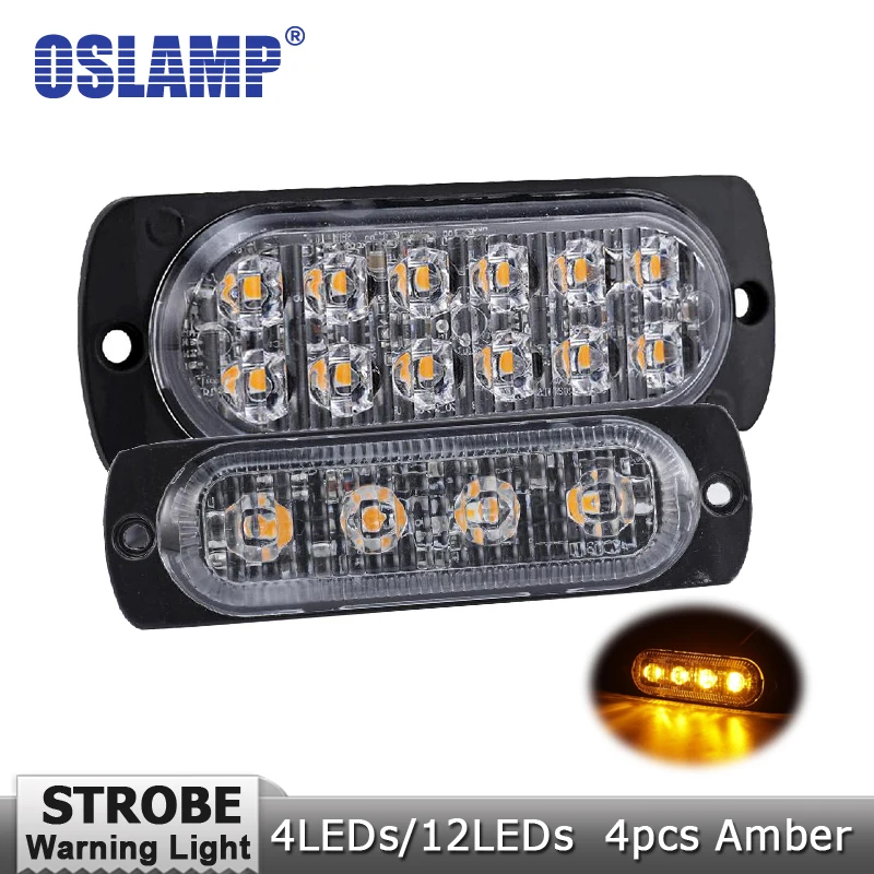 Oslamp 4pcs 4LEDs/12LEDs Amber/Yellow Grille Flashing Light Auto Strobe Warning for Fog Weather Flash Emergency Lamps | Автомобили и