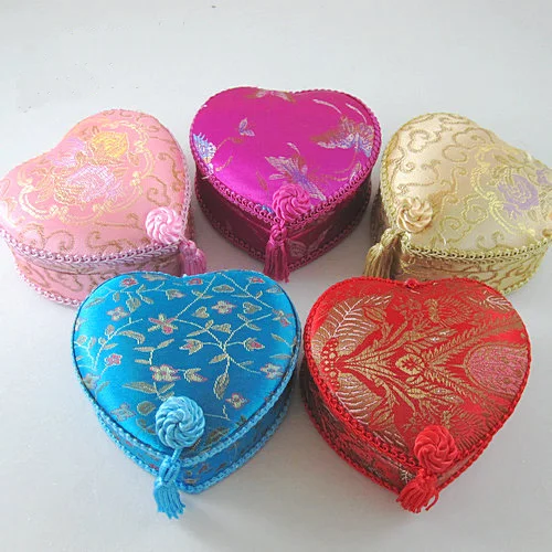 Heart Tassel Lace Silk Brocade Gift Boxes for Jewelry Storage Decorative Trinket Cardboard Packaging Case
