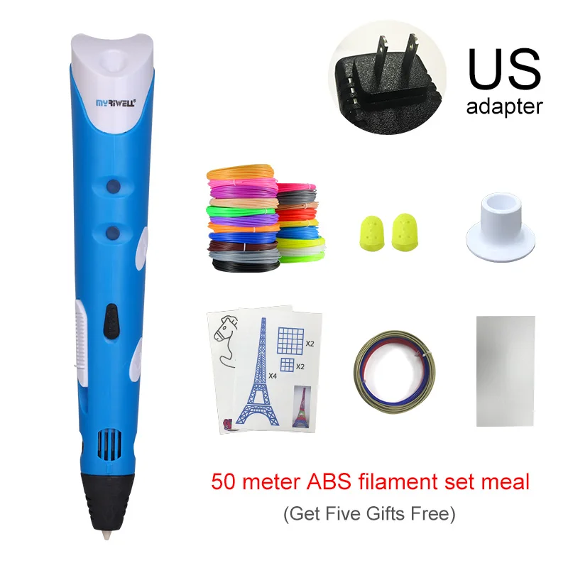 Blue US Myriwell 3D Ручка с 50 м 1,75 мм ABS нитью, умная 3D Ручка для печати, 3d ручки для детей, подарок на день рождения, Рождество, 3d Ручка для рисования - Цвет: Blue US