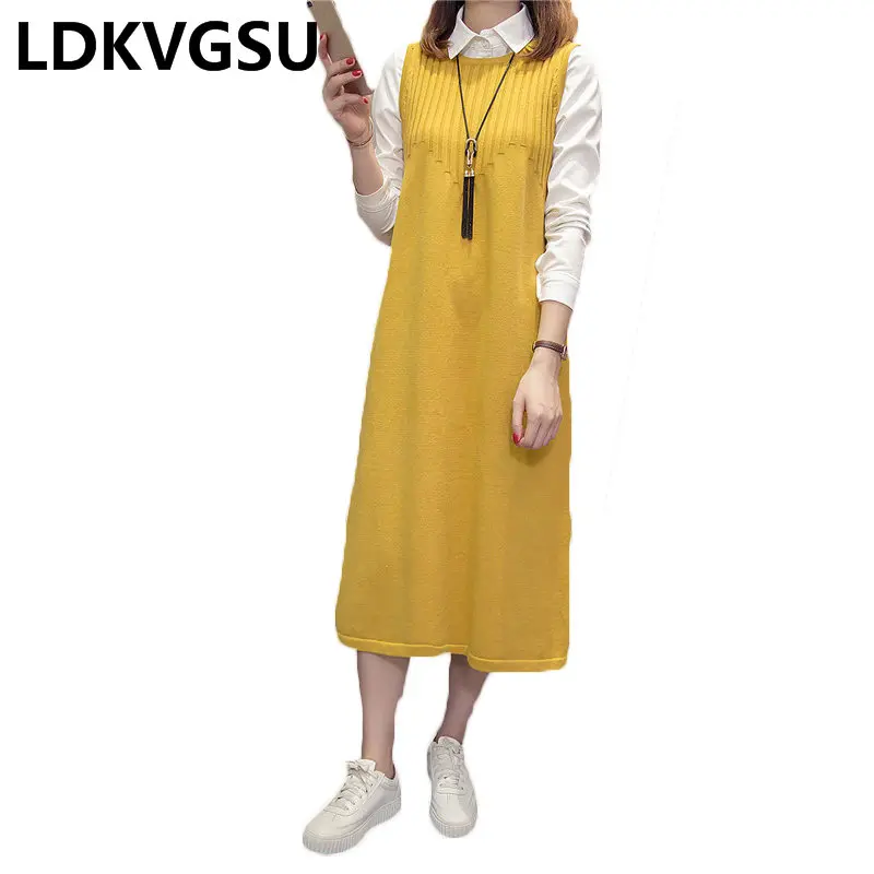 Sleeveless Knitted Dress Women' Long Loose Large Size Sweater Dresses Autumn Winter New Casual Pull Femme Vestidos Tide Is1478 |