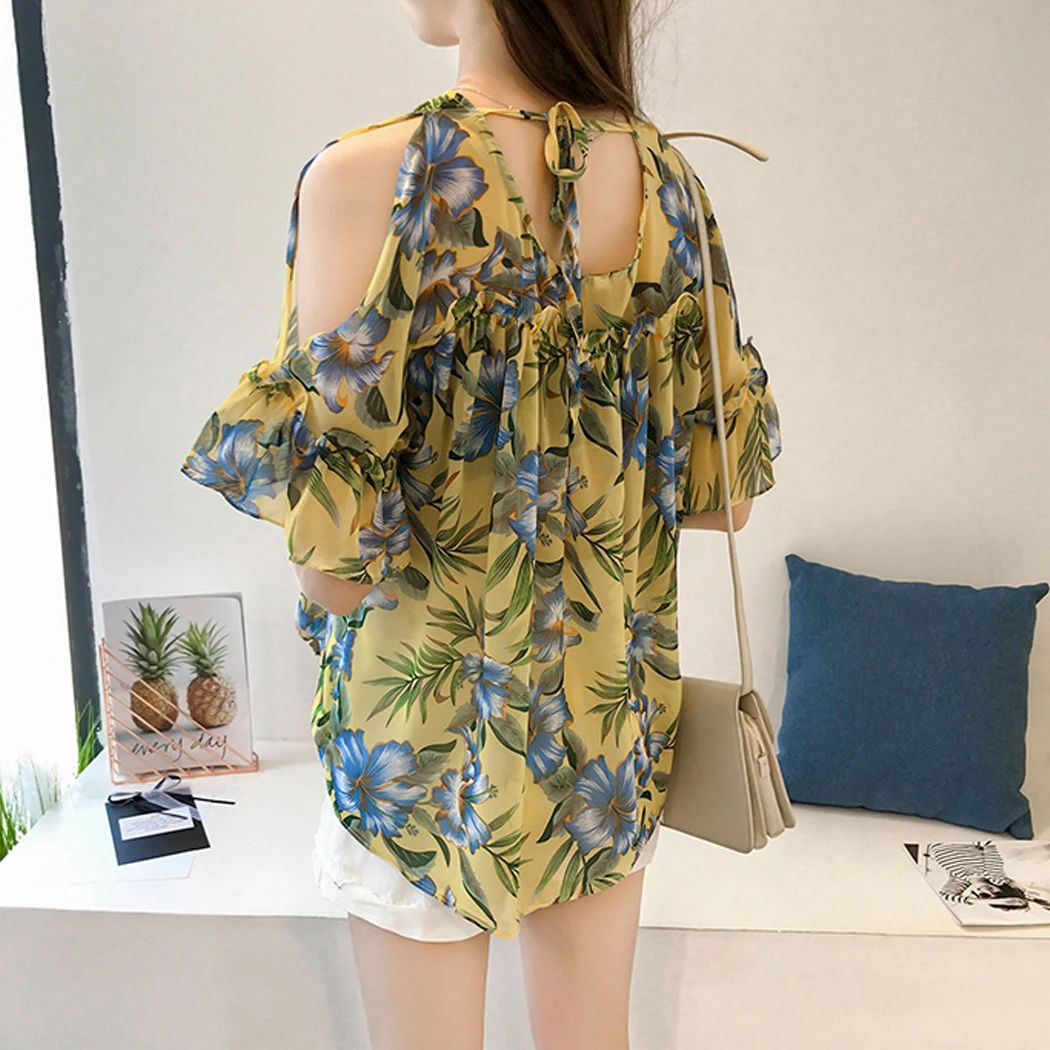 Милая стильная женская шифоновая блузка топ с оборками и принтом повседневный