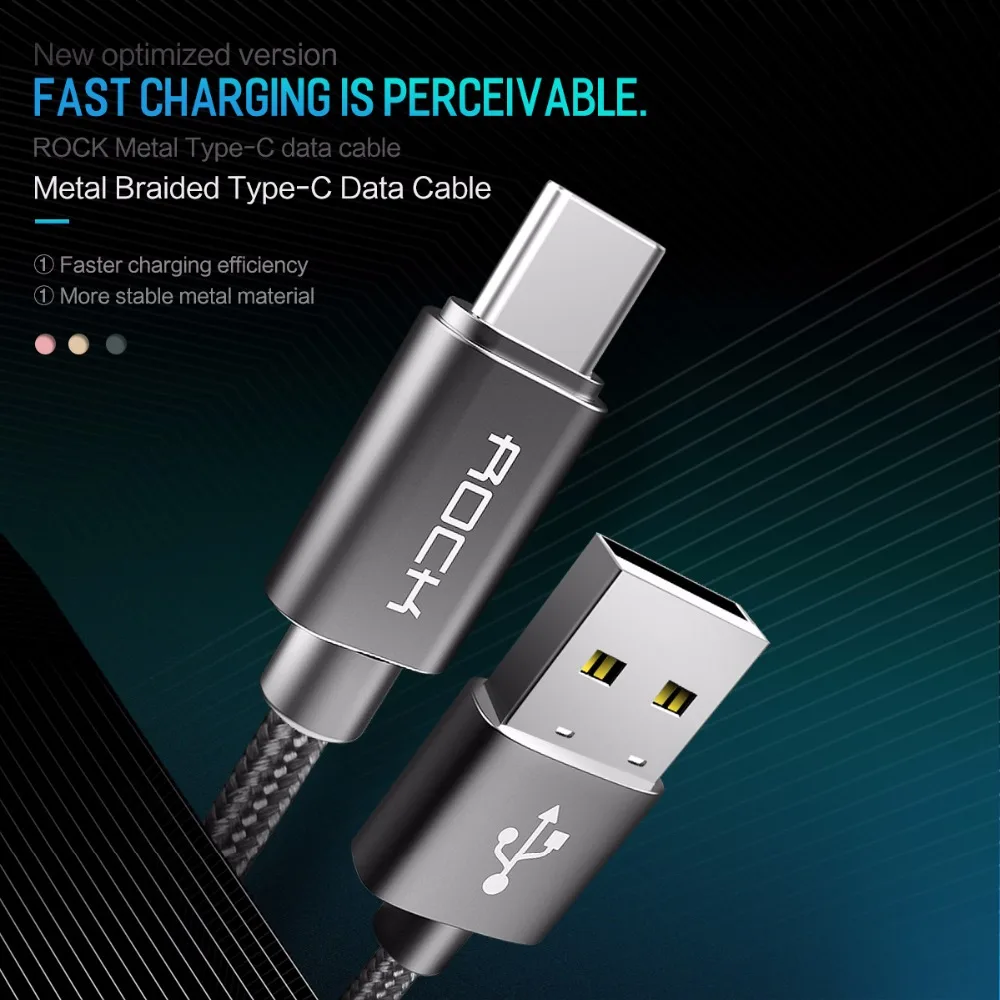 Металлический кабель USB Type C ROCK Metal быстрой зарядки Type-C для Samsung Galaxy S8 Note 8 OnePlus 2 Xiaomi