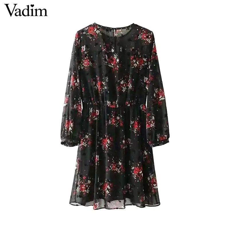 Vadim women vintage floral chiffon dress lace patchwork o neck long sleeve retro ladies casual brand chic mini dresses QZ3480 | Женская