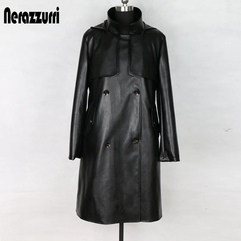 

Nerazzurri Waterproof fashion trench coat for women black long sleeve hooded autumn faux leather Coat women 4xl 5xl 6xl 7xl