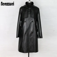 nerazzurri waterproof fashion trench coat for women black long sleeve hooded autumn faux leather coat women 4xl 5xl 6xl 7xl