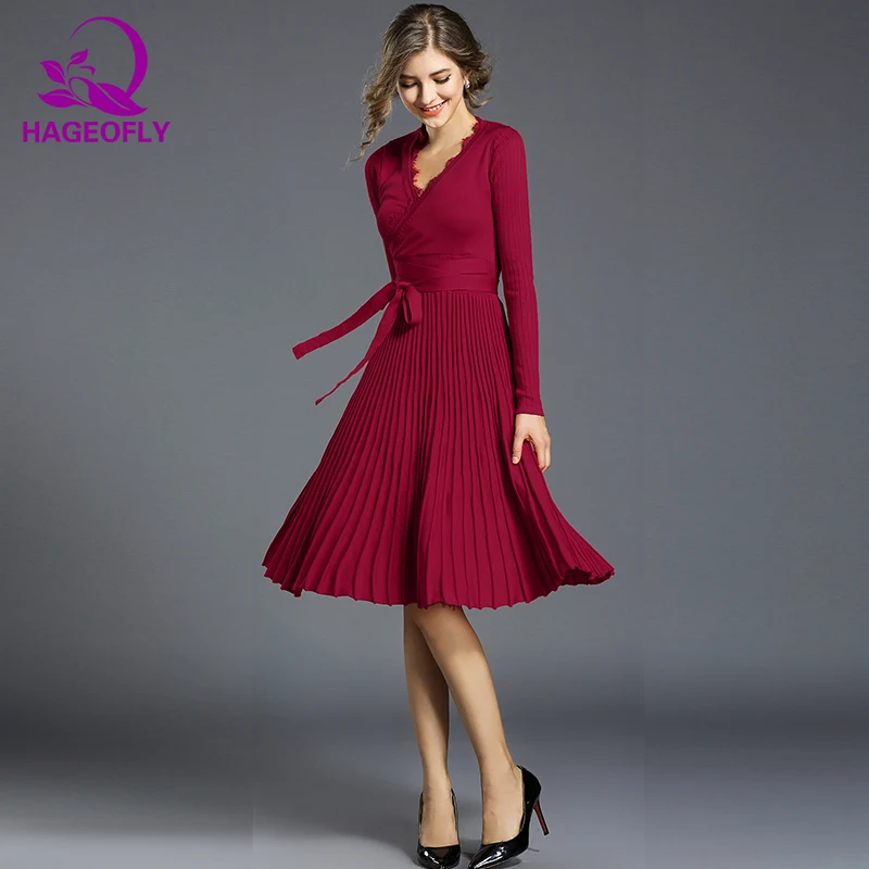 wine red HAGEOFLY, осеннее платье, оранжевое, зеленое, красное, с длинным рукавом, женское платье, до колена, элегантное, плиссированное, вязанное платье, вечерние платья, платья - Цвет: wine red