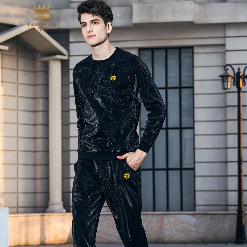 Fanzhuan Free Shipping New 2018 autumn winter male Men's long sleeved top pants plus velvet two-piece set suit printed 811023 | Мужская