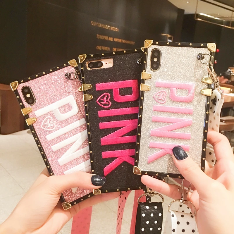Luxury PINK Glitter Embroidery Leather Lanyard Brand Case for iPhone XR Max 7 8 6 s Plus X Samsung S8 S9 Note8 9 Secret |