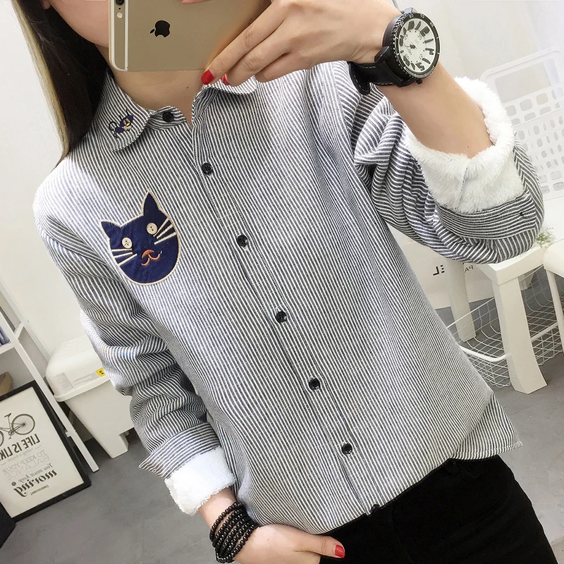 Женская утепленная рубашка с вышивкой кошки теплая шерстяная для отдыха Новинка