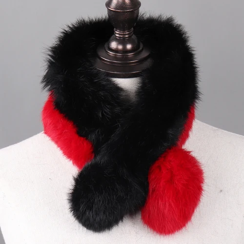 BLACK AND RED Лидер продаж, женский зимний шарф из натурального кроличьего меха, женские теплые шарфы из кроличьего меха, вязаный натуральный кроличий брелок с мехом, повседневный глушитель - Цвет: BLACK AND RED