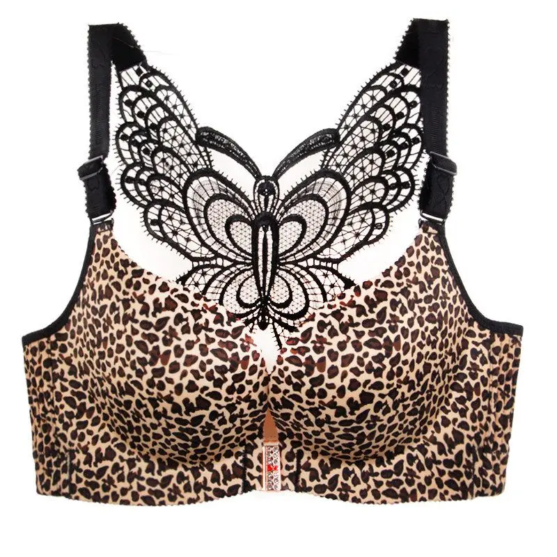 leopard grain golden Meizimei, Леопардовый бюстгальтер, сексуальный, красивый, сзади, женский, Одноцветный, с регулируемыми лямками, бюстгальтер с застежкой спереди, пуш-ап, сексуальный, бесшовный, без косточек, ABC - Цвет: leopard grain golden