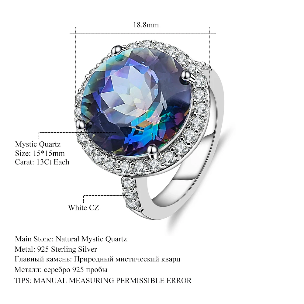 Gem балетные костюмы свадебной моды 925 пробы серебряные коктейльные кольца 13.00Ct натуральный Blueish мистический кварцевый камень ювелирные изделия из драгоценных металлов, украшения