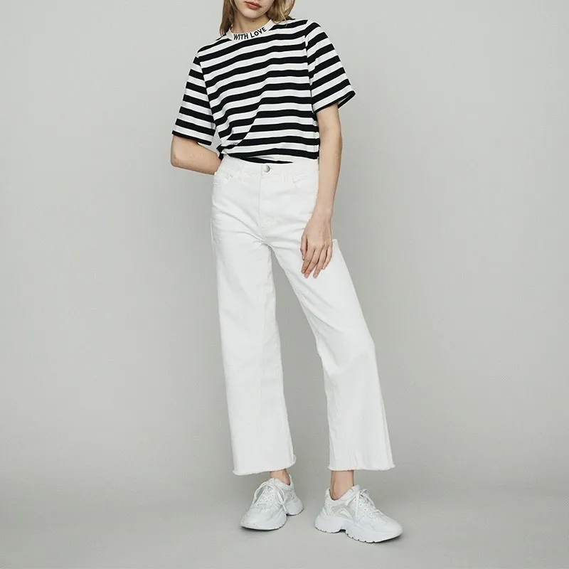 HDY Haoduoyi Femme Tops Summer Stylish Sweet Preppy Style Letter Stripe Knit T-shirt Embroidered O-Neck Loose Metal Zipper Tees | Женская