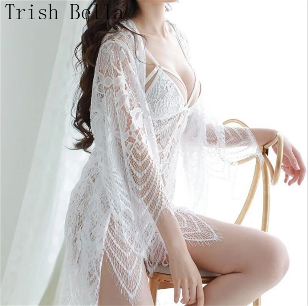 Прозрачный кружевной раздельный комплект из 3 предметов пижама сексуальное