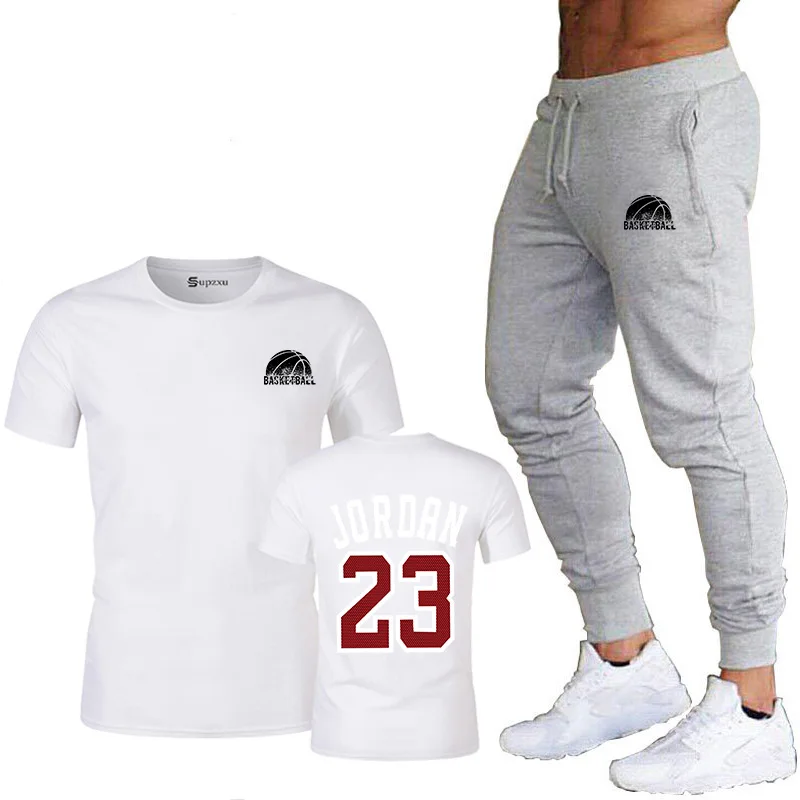Летний Новый мужской костюм Jordan 23 футболка + брюки из двух предметов повседневная