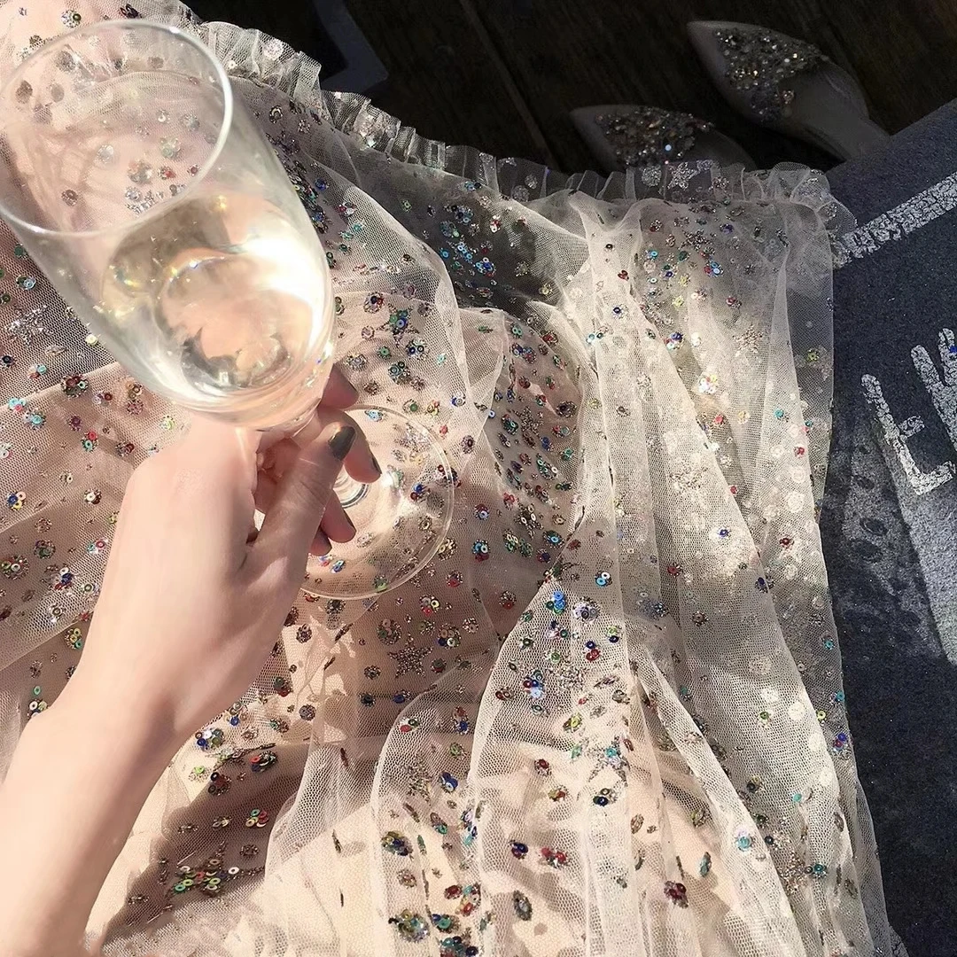 Новинка, Брендовое модное женское платье, яркое Сетчатое платье феи с блестками, с оборками, на бретельках, с открытой спиной, платье миди, Vestidos De Fiesta