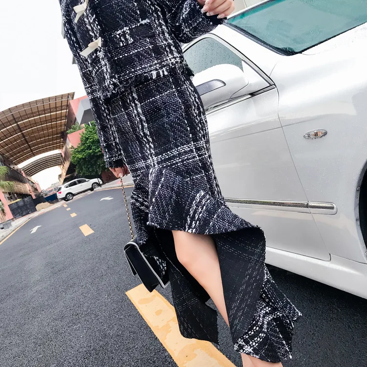 Женские 2018 зимние элегантные костюмы в клетку из 2 предметов топ с длинными