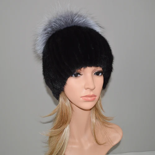 black and sliver fox Женские вязаные шапки из натурального меха норки натуральная норка меховые шапки Теплые мягкие милые натуральные меховые шапки из натурального меха лисы шапочки шапка - Цвет: black and sliver fox